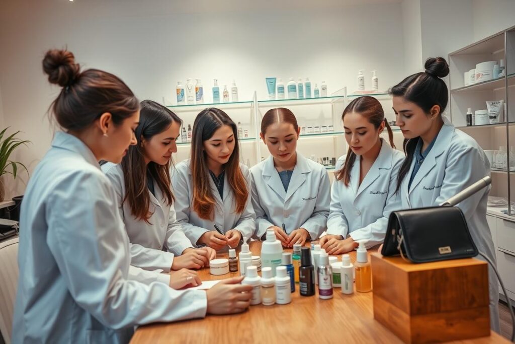 A team of professional estheticians gathered around a wooden table, examining various skincare products and tools. The scene is well-lit, with soft, diffused lighting from above, casting subtle shadows and highlights on the faces and surfaces. The estheticians wear white lab coats and have a focused, concentrated expression as they discuss and analyze the personalized skincare regimen they are developing. In the background, shelves of neatly organized skincare products and equipment suggest a well-equipped, modern esthetics studio. The overall atmosphere conveys a sense of expertise, dedication, and the pursuit of tailored, high-quality skincare solutions.
