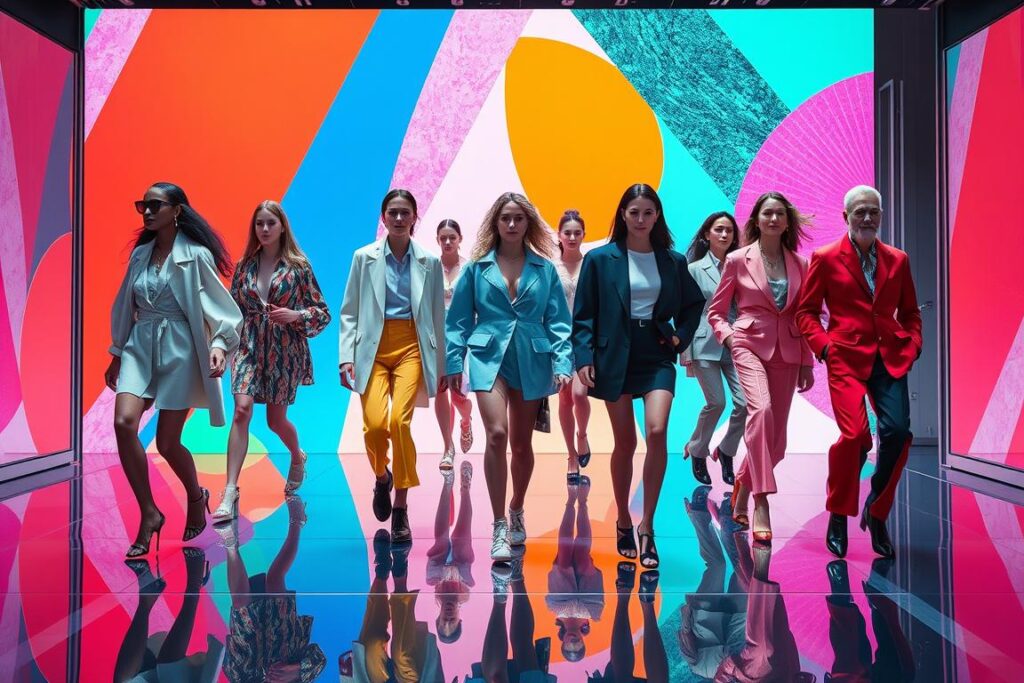 A vibrant and dynamic fashion showcase featuring a team of style experts, set against a futuristic backdrop of bold colors and eye-catching patterns. In the foreground, a diverse group of models showcase the latest in high-tech textiles and innovative designs, their movements captured with a crisp, cinematic lens. The middle ground is a kaleidoscope of abstract, geometric shapes and vivid hues, creating a sense of energy and anticipation. In the background, a sleek, minimalist environment with clean lines and metallic accents, hinting at the technological advancements that will shape the future of fashion. The overall atmosphere is one of sophistication, creativity, and a glimpse into the sartorial trends that will dominate the year 2025.