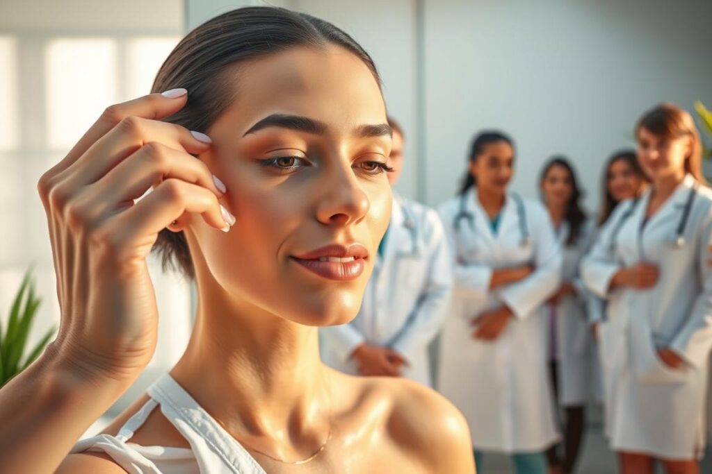 A vibrant and serene scene depicting the benefits of nicotinamide for the skin. In the foreground, a close-up of a hand gently applying a nourishing serum to a model's glowing complexion, illuminated by soft, natural lighting. In the middle ground, a team of skincare professionals in pristine white lab coats and medical scrubs, each with a thoughtful expression as they observe the skin's transformation. The background features a minimalist, spa-like setting with clean lines, soothing neutral tones, and the subtle hint of greenery, conveying a sense of rejuvenation and wellness. The overall atmosphere is one of tranquility, expertise, and the powerful benefits of this active ingredient.