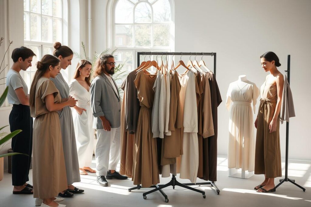 A vibrant circular fashion showcase set in a serene, sun-dappled studio. In the foreground, a diverse team of fashion professionals - stylists, designers, and models - collaborate on curating a sustainable collection. Muted earth tones and organic textures dominate the minimalist yet sophisticated garments. In the middle ground, a circular rack displays the latest eco-friendly designs, each piece showcasing innovative upcycled materials and zero-waste construction. The background features a large window, allowing natural light to flood the space and illuminate the circular fashion ethos. An atmosphere of harmony, innovation, and environmental consciousness permeates the scene, capturing the essence of the 2025 circular fashion trends.