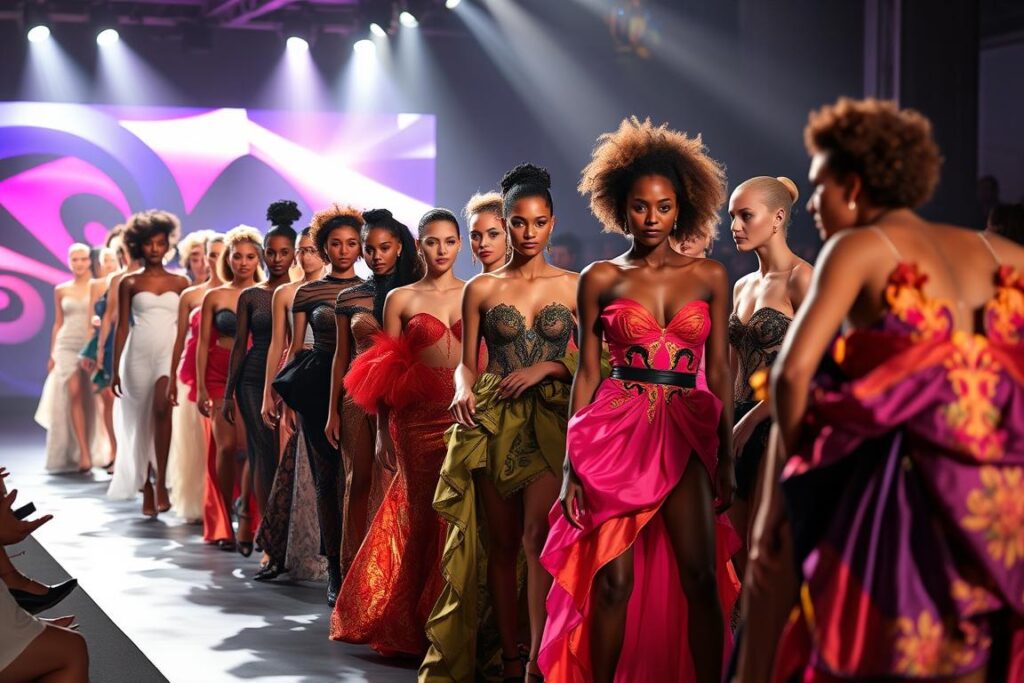 A vibrant, diverse catwalk showcasing the 2025 Inclusive Fashion Competition. Intricate garments designed by a talented team of fashion professionals, featuring a range of models representing diverse body types, ethnicities, and abilities. Dramatic lighting casts dynamic shadows, highlighting the innovative silhouettes and exquisite textiles. The scene exudes an atmosphere of creativity, inclusion, and a celebration of self-expression. A captivating image that captures the energy and spirit of the 2025 Inclusive Fashion event.