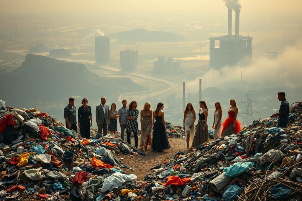 A vibrant, documentary-style scene depicting the environmental impact of the fashion industry. In the foreground, a team of fashion professionals - designers, stylists, models - surrounded by piles of discarded textiles, discarded garments, and plastic waste. In the middle ground, sweeping aerial views of polluted rivers, deforestation, and factory emissions. In the background, a hazy, dystopian cityscape shrouded in smog. Muted, earthy tones convey a sense of unease and urgency. Dramatic side lighting casts dramatic shadows, emphasizing the gritty, industrial nature of the scene. The overall mood is one of stark realism, highlighting the harsh realities of the fashion industry's environmental toll.
