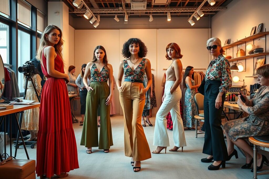 A vibrant fashion showroom in 2025, showcasing vintage-inspired designs. Elegant models pose gracefully, showcasing the latest vintage trends - flowy maxi dresses, high-waisted bell-bottom pants, bold printed blouses, and retro accessories. Soft, warm lighting casts a nostalgic glow, while a minimalist backdrop allows the vintage-modern pieces to take center stage. The fashion team, comprised of stylists, makeup artists, and hair stylists, work meticulously to bring these vintage-inspired looks to life. An atmosphere of creativity, sophistication, and a touch of whimsy permeates the scene, capturing the essence of the 2025 vintage fashion landscape.