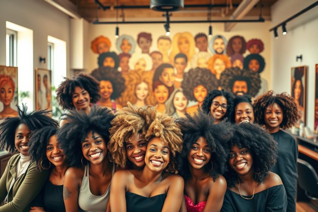 A vibrant, inclusive hair salon setting with a diverse team of body-positive stylists. In the foreground, a group of individuals with various hair textures and skin tones, each embracing their natural locks with confidence and joy. The middle ground features a warm, well-lit space with modern, minimalist decor that celebrates diversity. The background showcases a mural depicting a kaleidoscope of hair types, representing the beauty and uniqueness of every individual. Soft, diffused lighting casts a welcoming glow, capturing the essence of self-acceptance and the celebration of one's authentic self.