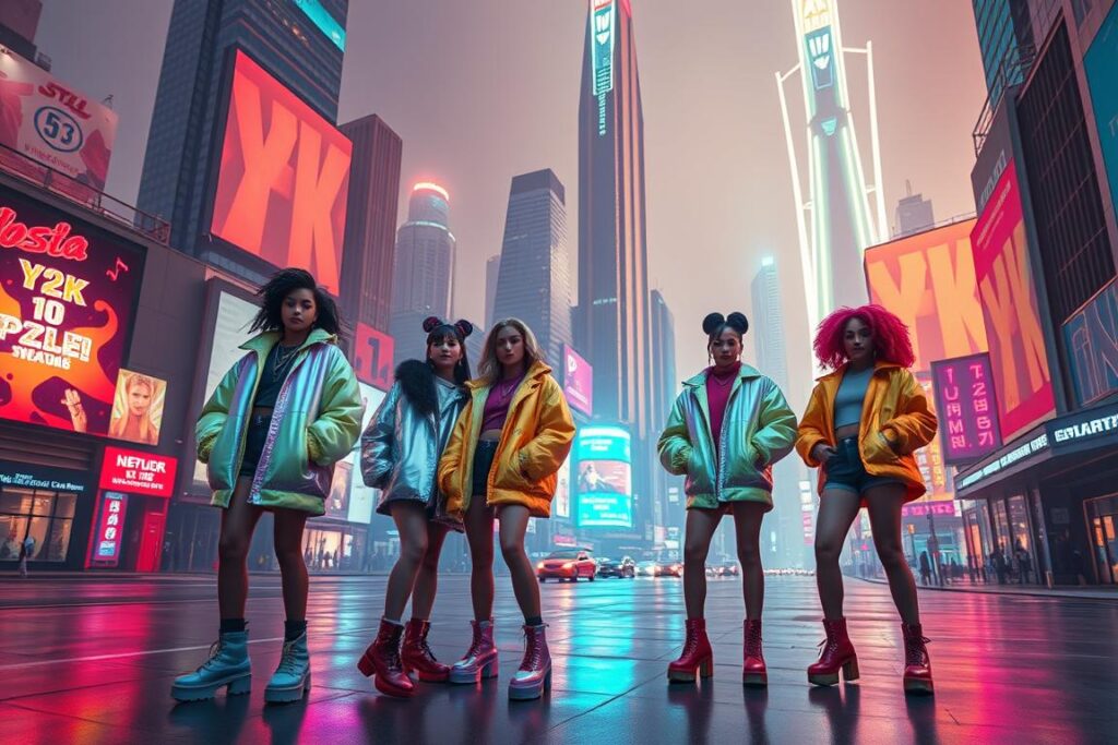 A vibrant, retro-futuristic cityscape bathed in a cool, neon-tinged glow. In the foreground, a group of fashion-forward influencers pose confidently, their Y2K-inspired looks blending futuristic elements with nostalgic 90s/2000s style - oversized, iridescent jackets, chunky platform boots, and hair in bold, sculpted styles. The middle ground features sleek, angular skyscrapers and holographic billboards, while the background is dominated by a towering, metallic megastructure that seems to pulse with technological energy. Cinematic, wide-angle perspective with dramatic lighting and a sense of urban, cyberpunk-esque grandeur.