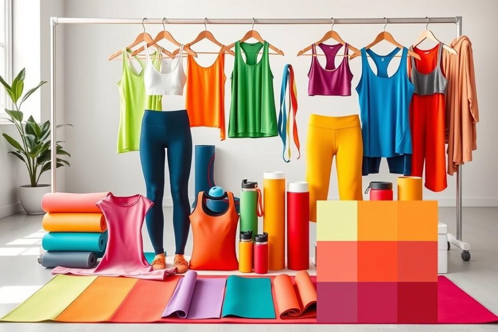 A vibrant, well-curated fitness color palette presented by a team of professional aestheticians. In the foreground, a harmonious arrangement of athletic wear showcases a range of complementary hues - from invigorating greens and blues to energetic oranges and reds. The middle ground features various fitness accessories like resistance bands, yoga mats, and water bottles, all color-coordinated to create a cohesive, visually striking display. In the background, a clean, minimalist studio setting with natural lighting accentuates the palette's vibrancy and versatility, conveying a sense of wellness, vitality, and contemporary style.