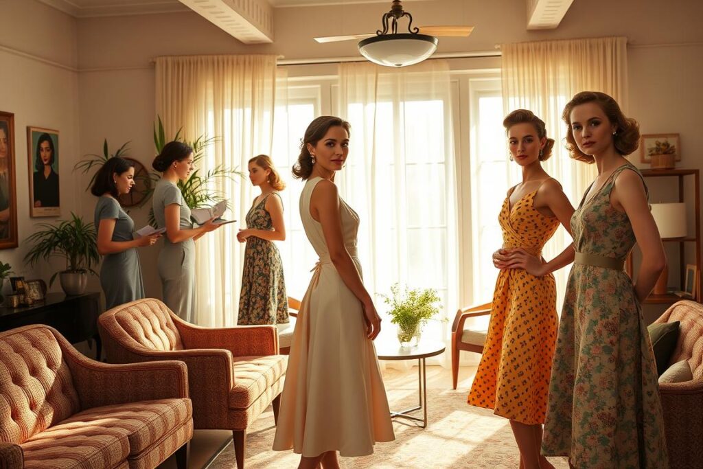 A vintage fashion editorial photoshoot featuring a team of professional stylists, makeup artists, and models. The scene depicts a sun-drenched studio with elegant mid-century modern furnishings and decor, casting a warm, nostalgic glow. The models wear beautifully tailored vintage dresses, accessories, and hairstyles that evoke the timeless sophistication of the 1950s and 1960s. Soft, diffused lighting highlights the models' classic features and the luxurious textures of the vintage clothing. The overall composition and mood convey a sense of refined elegance and effortless glamour, perfectly capturing the essence of incorporating vintage style into a modern fashion editorial.