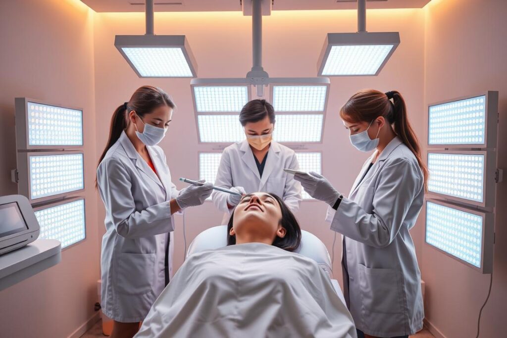 A well-lit medical clinic setting, showcasing a team of aesthetic professionals expertly administering LED light therapy treatments. The room is bathed in a warm, therapeutic glow from the array of LED panels strategically positioned around the patient, illuminating their face and body. The clinicians, dressed in crisp, white lab coats, meticulously monitor the equipment and ensure the patient's comfort throughout the session. The atmosphere exudes professionalism, innovation, and a commitment to personalized, results-driven aesthetic care. Subtle reflections of the LED light dance across the minimalist, modern decor, creating an immersive, calming ambiance.