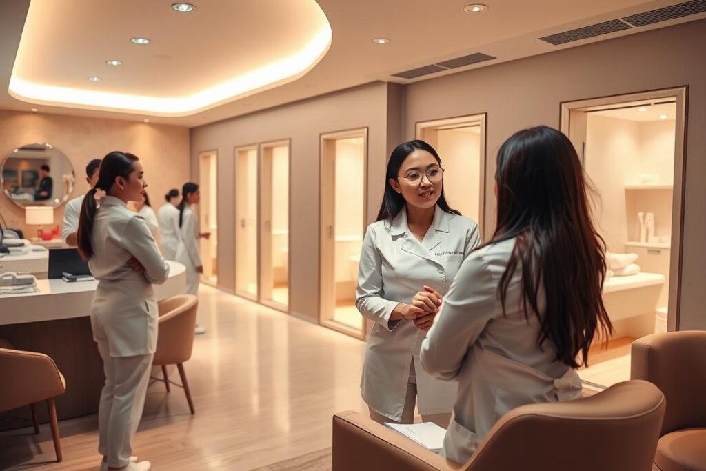 A well-lit, modern aesthetic clinic with a team of professional beauticians providing specialized skin treatments. The scene shows a warm, inviting reception area with sleek, minimalist furnishings. In the background, a row of private treatment rooms can be seen, their doors ajar to reveal the serene, tranquil atmosphere within. In the foreground, a group of skilled aestheticians, dressed in crisp white uniforms, consult with a client, guiding them through the various services on offer. The overall mood is one of expertise, comfort, and attention to detail - a sanctuary of beauty and wellness.
