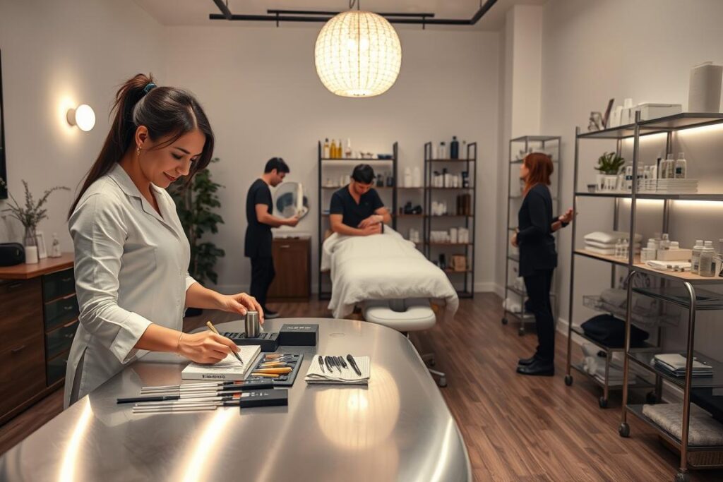 A well-lit studio setting with a team of professional aesthetic technicians preparing for a client's treatment. In the foreground, a cosmetologist arranges tools and products on a sleek, modern treatment table, the soft glow of overhead lighting accentuating the gleam of the stainless steel. In the middle ground, a massage therapist adjusts the settings on a specialized massage chair, while in the background, an aesthetician carefully selects skincare items from a neatly organized shelving unit. The atmosphere exudes a sense of tranquility and expertise, creating an environment primed for a relaxing and rejuvenating aesthetic experience.