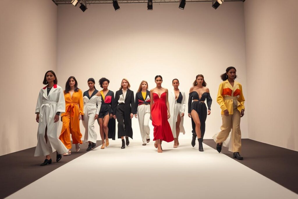 An elegant fashion runway in a modern, minimalist studio setting. The lighting is soft and diffused, creating a warm, inviting atmosphere. In the center, a diverse group of models, dressed in androgynous, flowing garments that blend masculine and feminine elements. The outfits feature bold, color-blocked patterns, clean lines, and innovative silhouettes that transcend traditional gender norms. The models move with confidence and grace, showcasing the versatility and inclusivity of the genderless fashion trend. In the background, a sleek, monochromatic backdrop allows the clothing and the models to take center stage, highlighting the avant-garde nature of the designs.