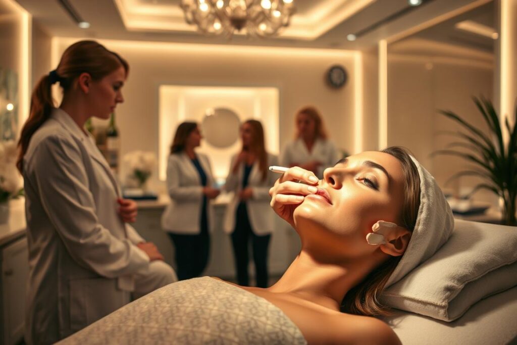 An elegant medical spa interior, illuminated by soft, warm lighting. In the foreground, a skilled aesthetician administers a personalized skin treatment to a relaxed client, their face serene. Behind them, a team of professionals confer, discussing the latest advancements in skincare technology. The atmosphere exudes a sense of expertise, care, and tranquility, inviting the viewer to envision the transformative benefits of advanced skin treatments.