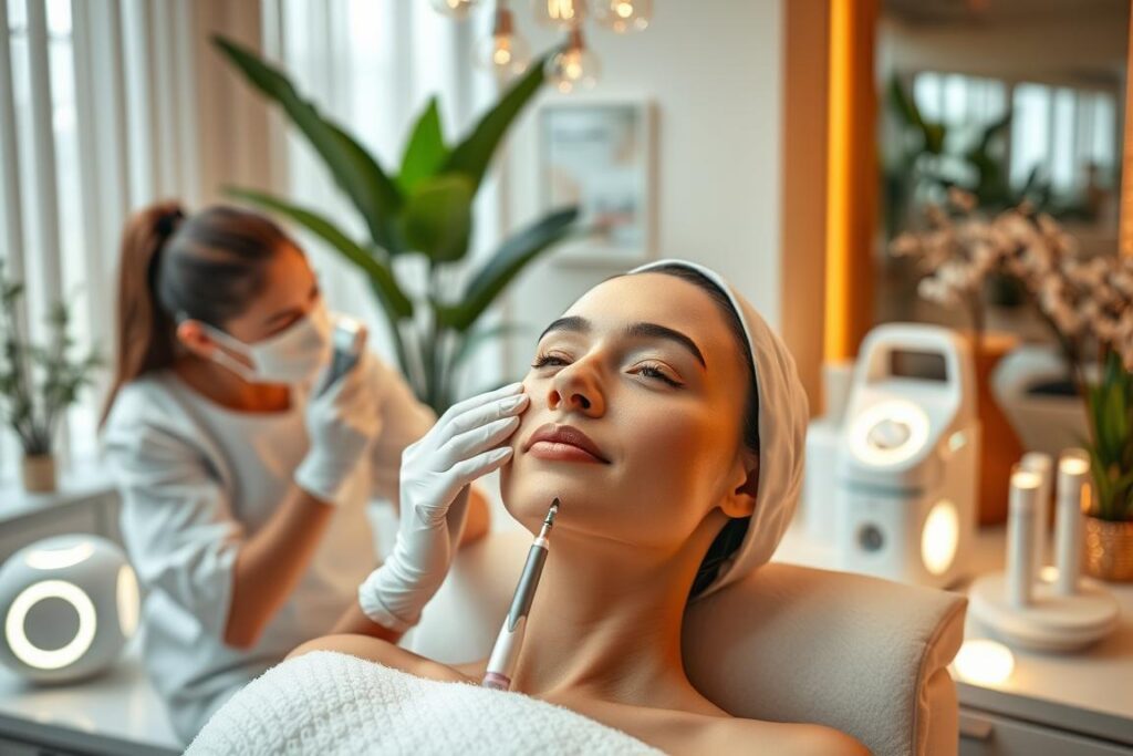 An elegant, spa-like setting with a serene, softly-lit ambiance. In the foreground, a team of skilled estheticians tenderly apply advanced facial treatments to a model's glowing, youthful complexion. The middle ground showcases an array of modern biohacking tools and devices, each designed to optimize skin health and radiance. In the background, lush greenery and a minimalist, Zen-inspired decor evoke a sense of natural balance and tranquility. Warm, diffused lighting subtly highlights the model's flawless, rejuvenated skin, creating an atmosphere of clinical excellence and personal well-being.