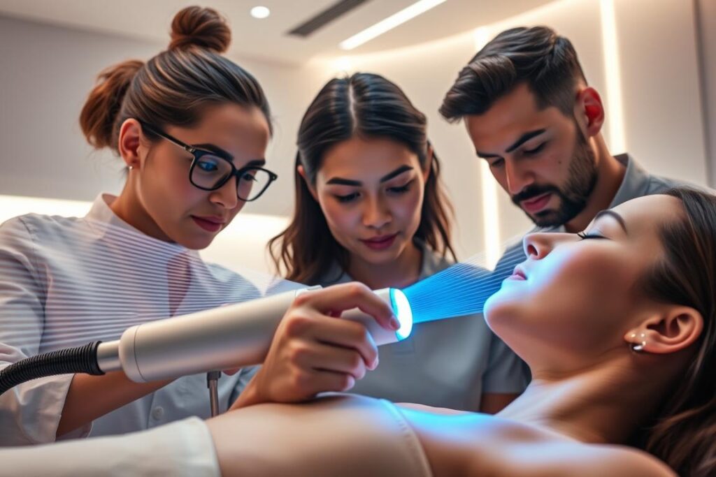 Depilação laser Triple Wave: a stunning close-up portrait of an elite aesthetics team at work. In the foreground, a skilled technician meticulously guides the sleek, futuristic laser device over a client's skin, emitting mesmerizing waves of light. The middle ground reveals the team's focused expressions, their expertise evident in their precise movements. The background showcases a modern, minimalist clinic interior bathed in a soft, ambient glow, creating an atmosphere of professionalism and tranquility. The image conveys the advanced, cutting-edge nature of this innovative hair removal treatment, as well as the meticulous care and attention to detail provided by the dedicated aesthetics professionals.