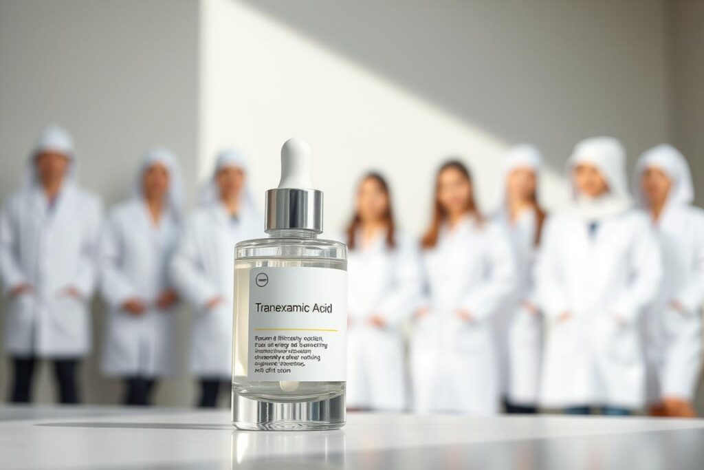 Detailed close-up of a bottle of tranexamic acid serum against a soft, diffused background. The glass bottle has a sleek, modern design with a minimalist label. The serum itself appears translucent and luminous, hinting at its brightening and skin-smoothing properties. The lighting is natural and flattering, creating a serene, professional atmosphere. In the background, a team of aestheticians in pristine white lab coats can be seen, symbolizing the scientific expertise behind the formulation. The overall mood is one of clinical efficacy and elegant simplicity.