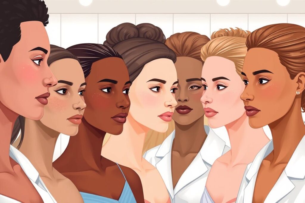 Detailed illustration of a diverse group of skin types, showcasing the various tones and textures of human skin. Set in a modern, well-lit spa or aesthetics clinic, featuring a team of professionals in white coats and uniforms, examining and evaluating the skin of their clients. Capture the clinical yet calming atmosphere, with soft lighting and a clean, minimalist backdrop, emphasizing the focus on the skin and the expertise of the specialists. Depict the skin tones and types with accurate, nuanced colors and realistic textures, highlighting the diversity and the importance of understanding individual skin characteristics when choosing the best laser hair removal treatment.