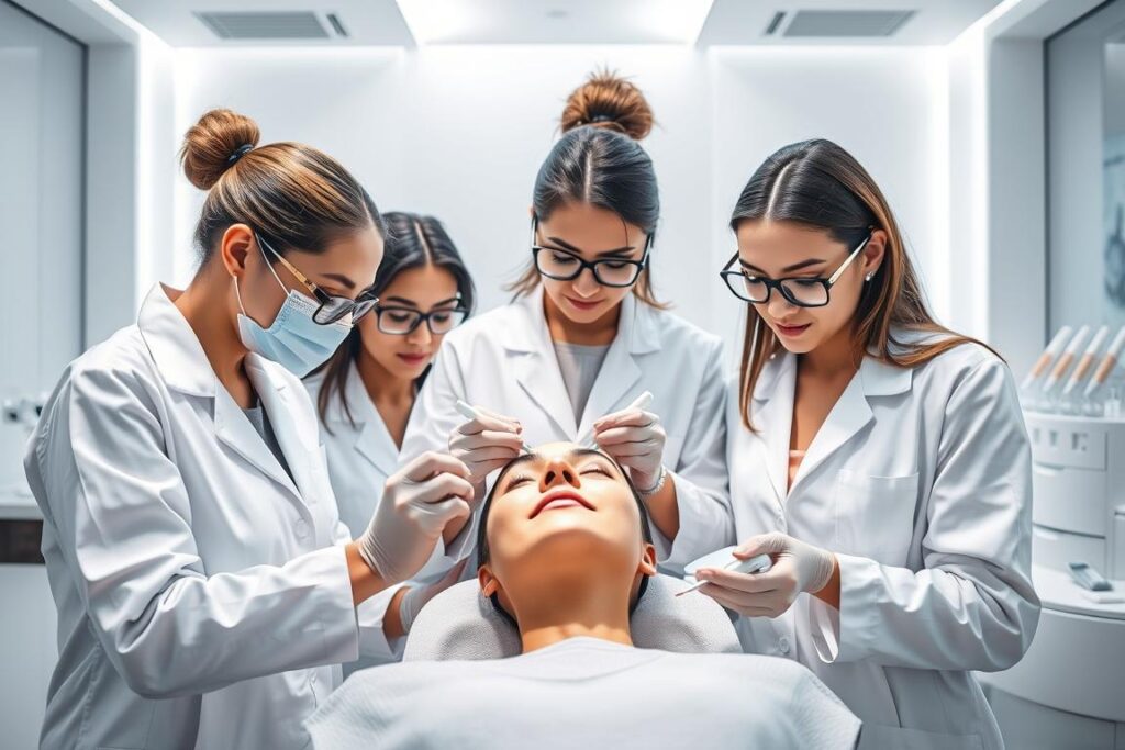Detailed portrait of a team of professional aestheticians performing various facial treatments in a modern, well-equipped clinic. The scene depicts three aestheticians in white lab coats carefully examining a client's skin and applying specialized products and tools. The lighting is bright and diffused, highlighting the serene, clinical atmosphere. The background features sleek, minimalist decor with soft, neutral tones to create a sense of tranquility. The aestheticians' expressions convey a combination of focused attention and gentle care as they carry out their aesthetic protocols with precision and expertise.