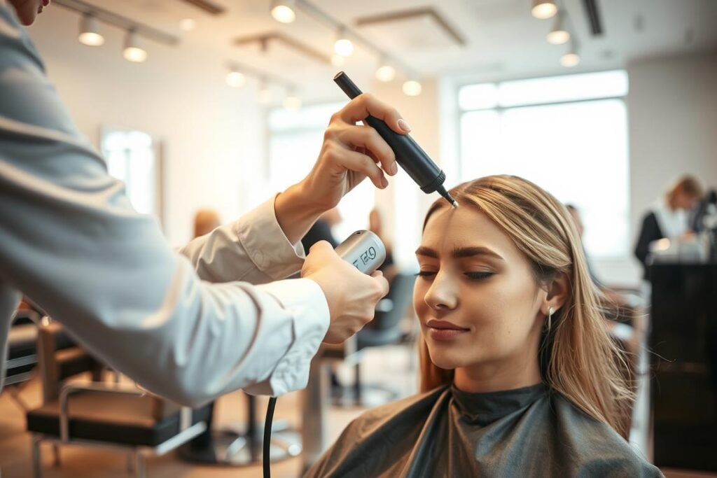 Detailed shot of a professional hair salon, showcasing a team of skilled stylists performing a delicate hair sealing treatment. The scene depicts a serene, well-lit setting with sleek, modern furniture and chrome accents. In the foreground, a stylist gently applies a thermal sealing device to the ends of a client's hair, meticulously sealing and protecting the strands. The client's face is softly lit, their expression one of tranquility and trust. In the background, other stylists attend to their own clients, creating a harmonious atmosphere of precision and care. The lighting is warm and diffused, casting a subtle glow over the entire scene, emphasizing the technical expertise and attention to detail of the salon's professionals.