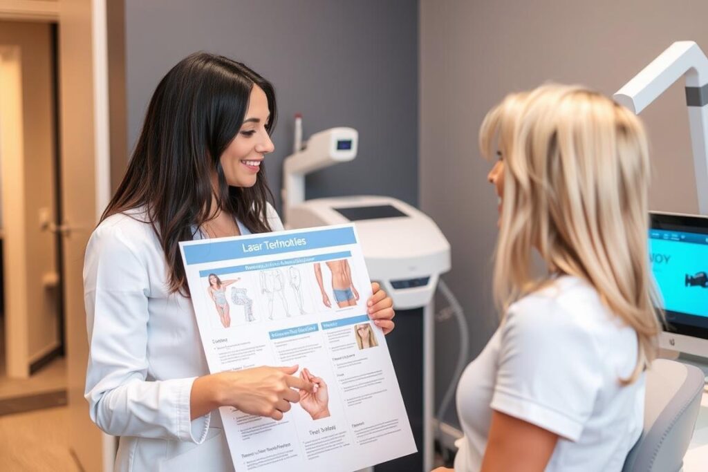 Profissional explicando diferentes tecnologias de depilação a laser para cliente