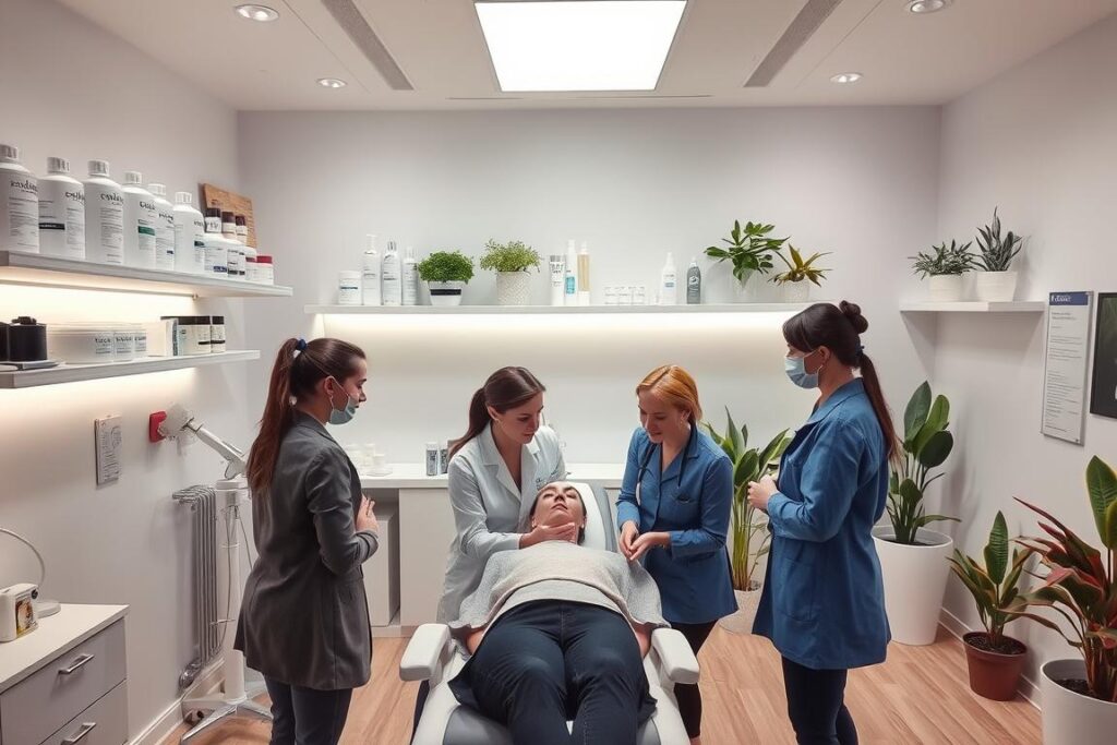 Retrate uma equipa de profissionais da estética em um estúdio de peelings químicos avançados. No primeiro plano, diferentes tipos de produtos de peeling químico - desde exfoliantes suaves a tratamentos de resurfacing profundo. No plano médio, uma médica esteticista e uma técnica em estética consultam um cliente, demonstrando o processo de aplicação e explicando os benefícios de cada peeling. Ao fundo, um espaço de tratamento bem equipado com luzes suaves, criando uma atmosfera acolhedora e relaxante. Detalhes como equipamento médico, cartazes informativos e plantas decorativas contribuem para uma ambientação profissional e de alta qualidade.
