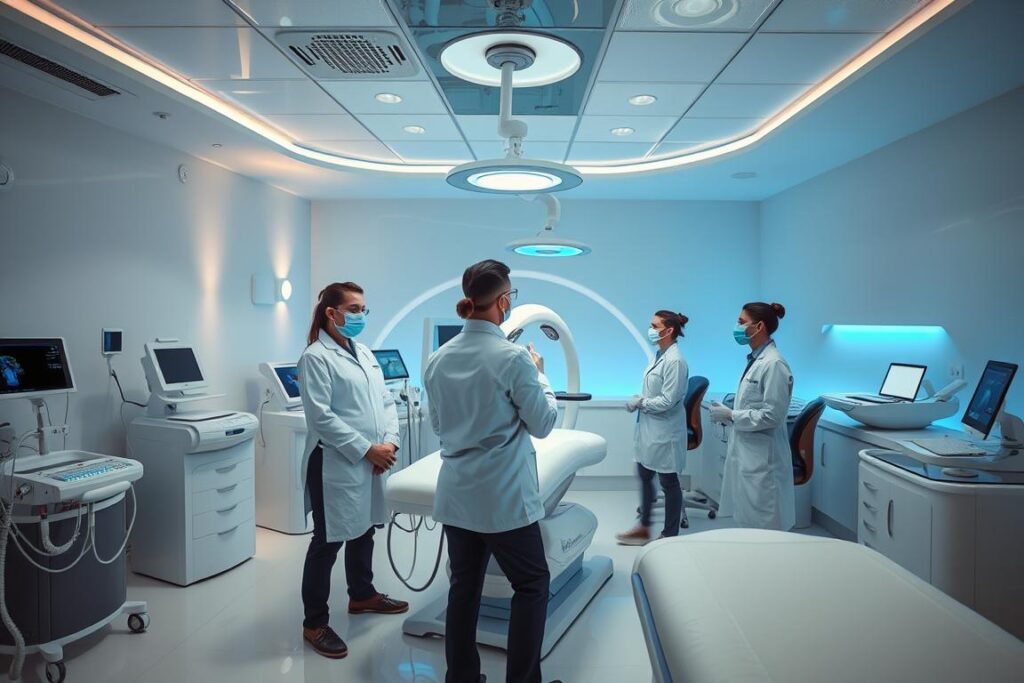 Retrate uma equipe de profissionais da estética em um ambiente de clínica de alta tecnologia. Revele várias máquinas e dispositivos de última geração, como aparelhos de radiofrequência, tratamentos a laser, crioterapia e outras tecnologias avançadas. Crie uma atmosfera futurista e sofisticada, com tons azulados e iluminação dramática, destacando a expertise e a vanguarda desses profissionais na oferta de tratamentos corporais inovadores e eficazes.