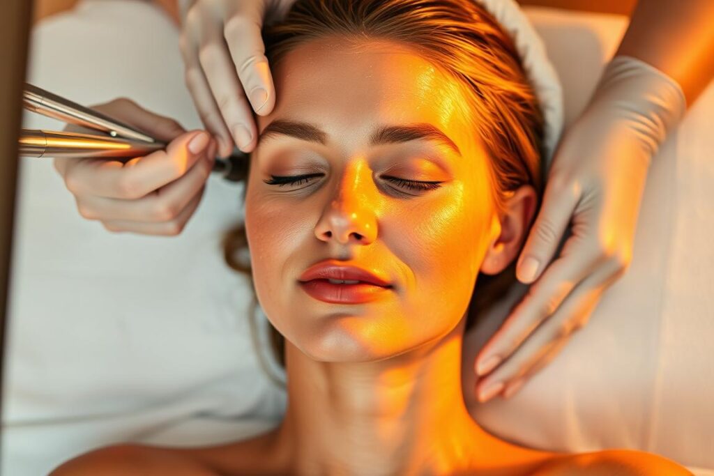 Soft, glowing skin radiates with a post-waxing glow. A team of aesthetic professionals meticulously performs a soothing, gentle exfoliation, removing dead cells and smoothing the surface. Warm lighting casts a golden hue, creating a serene, spa-like atmosphere. The model's expression conveys a sense of relaxation and rejuvenation, as the technicians' skilled hands work in perfect harmony. Detailed close-ups showcase the delicate textures and subtle highlights of the skin, emphasizing the importance of proper post-waxing care. A clean, minimalist backdrop allows the focus to remain on the pampering experience.