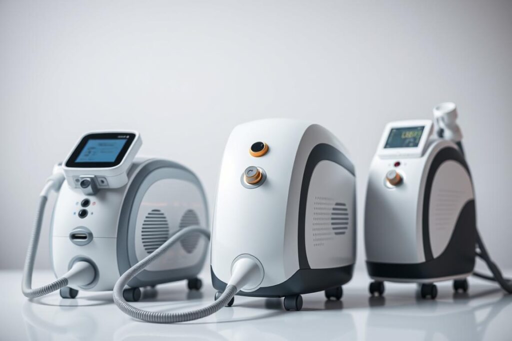 a close-up shot of several professional-grade laser hair removal devices, showcasing their sleek and modern designs. The devices are positioned on a clean, minimalist surface, with a subtle background highlighting their technical features. The lighting is soft and diffused, emphasizing the high-quality materials and precision engineering of the equipment. The image conveys a sense of professionalism, innovation, and attention to detail, reflecting the expertise and care required for effective laser hair removal procedures.