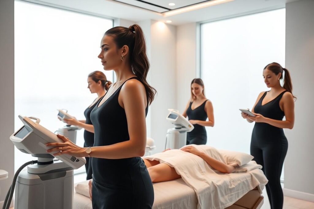 a group of professional aestheticians using advanced aesthetic devices in a high-tech, minimalist medical spa setting, with soft, diffused natural lighting from large windows, creating a calming and rejuvenating atmosphere, showcasing the latest in non-invasive body contouring and skin rejuvenation technologies, the devices sleek and futuristic in design, the aestheticians attentive and focused as they guide clients through personalized treatment plans, the overall scene conveying a sense of innovation, wellness, and the future of aesthetic care