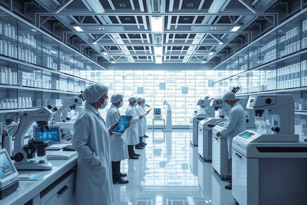 a highly detailed, photorealistic scene of a state-of-the-art skincare and cosmetic research laboratory in the year 2025. The foreground features a team of scientists and technicians in white lab coats and sterile attire, working intently on advanced skincare formulas and analyzing data on holographic displays. The middle ground showcases sleek, futuristic equipment and instruments, including microscopes, centrifuges, and 3D skin printing devices. The background depicts a panoramic view of the expansive laboratory, with towering shelves of neatly organized samples and materials. The lighting is bright and clinical, casting a cool, technological atmosphere. The overall scene conveys a sense of scientific innovation, precision, and the transformative potential of 2025 cosmetic technology.