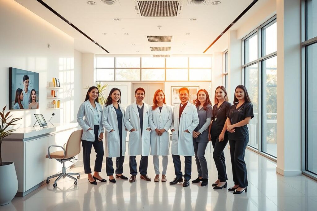 a modern and airy medical spa interior with a reception desk, waiting area, and examination rooms visible in the background, a team of professional aestheticians in lab coats and scrubs standing in the foreground, showcasing various beauty treatments and services available through telemedicine technology, the space is bathed in warm, natural lighting filtering in through large windows, creating a serene and inviting atmosphere that reflects the transformative power of the aesthetic telemedicine industry
