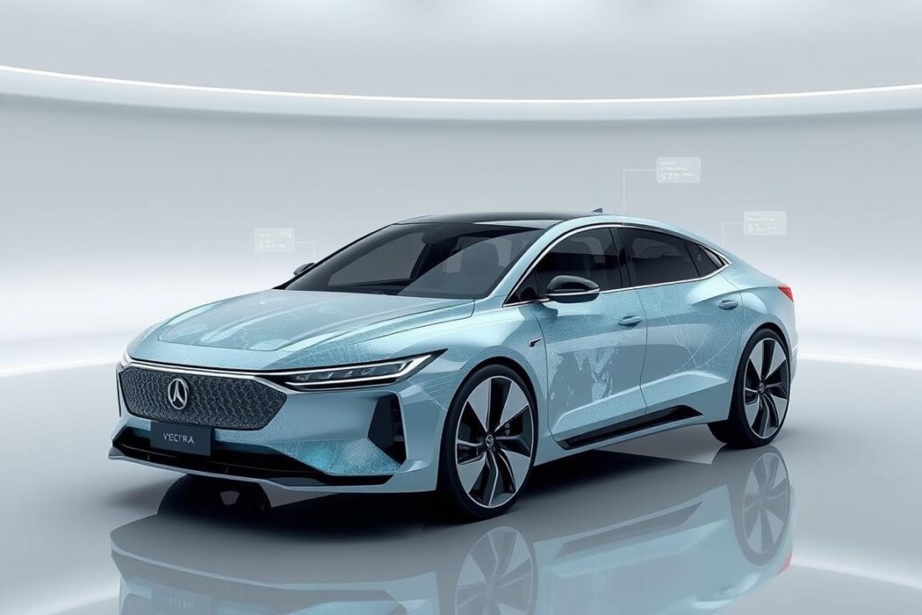 3D map of the VECTRA H2 in a sleek, futuristic setting. The map is rendered with high-fidelity textures and realistic lighting, showcasing the vehicle's elegant design and advanced technological features. The scene is set in a minimalist, monochromatic environment with smooth, reflective surfaces that create a sense of depth and dimensionality. Subtle holographic elements subtly overlay the map, highlighting key information and data visualizations. The overall atmosphere conveys a sense of aesthetic intelligence, innovation, and confidence in the future of automotive design and technology.