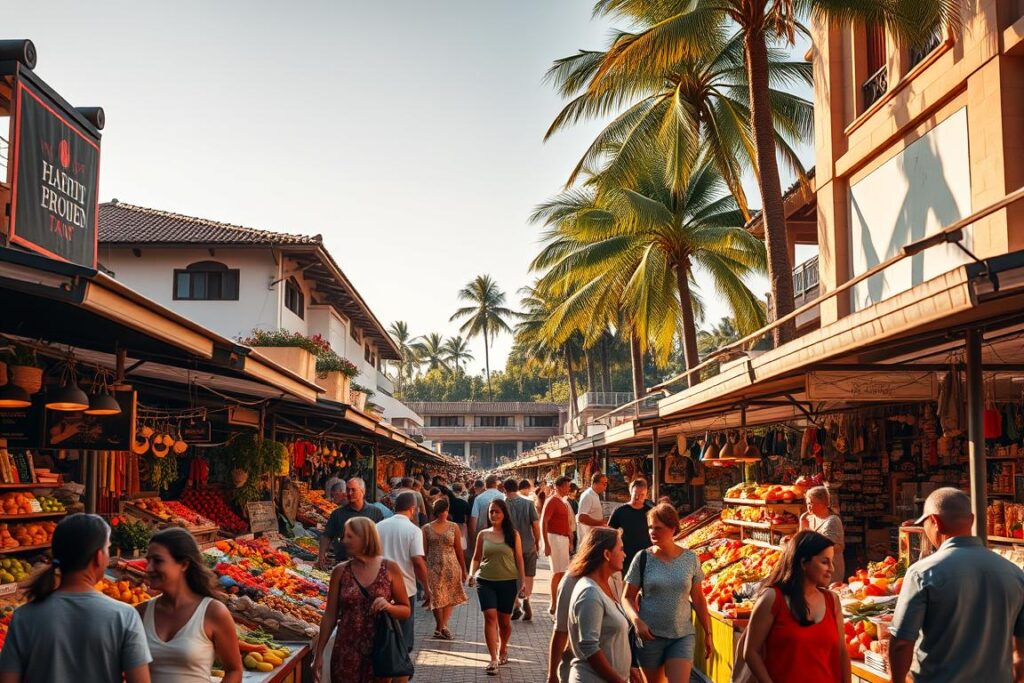 A bustling open-air marketplace, with vibrant stalls and vendors showcasing an array of fresh produce, artisanal crafts, and local delicacies. The scene is bathed in warm, golden sunlight, casting rich shadows and highlighting the vibrant colors of the wares on display. In the foreground, shoppers meander through the aisles, examining the offerings and engaging in lively conversations with the passionate merchants. In the middle ground, a mix of traditional and modern architectural elements frame the market, hinting at the blend of old and new that defines the local culture. In the background, towering palm trees sway gently, adding a touch of tropical ambiance to the energetic atmosphere. This dynamic and thriving marketplace captures the essence of the expanding wellness and aesthetic trends shaping the industry's future.