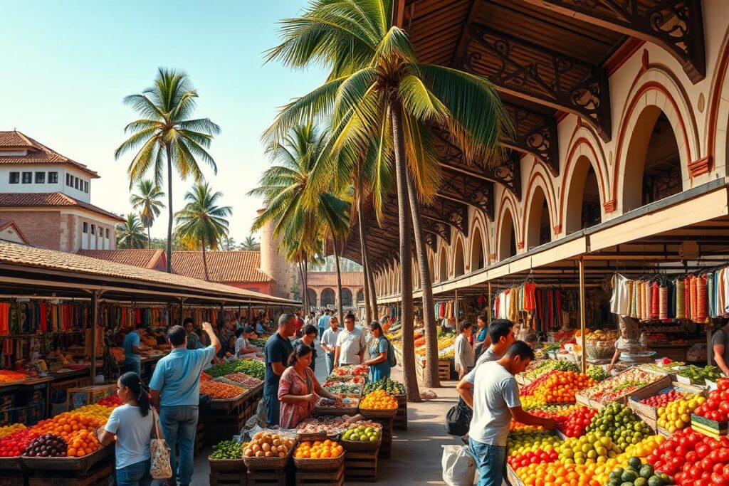 A bustling open-air mercado, bathed in warm afternoon sunlight. In the foreground, vibrant produce stalls overflowing with colorful fruits and vegetables. Vendors call out, enticing passersby. In the middle ground, artisanal craft stalls display an array of handmade goods. The background reveals the mercado's architectural grandeur - ornate tiled roofs, intricate arches, and towering palm trees swaying gently. The atmosphere is lively and energetic, capturing the dynamic growth and expansion of this thriving marketplace.