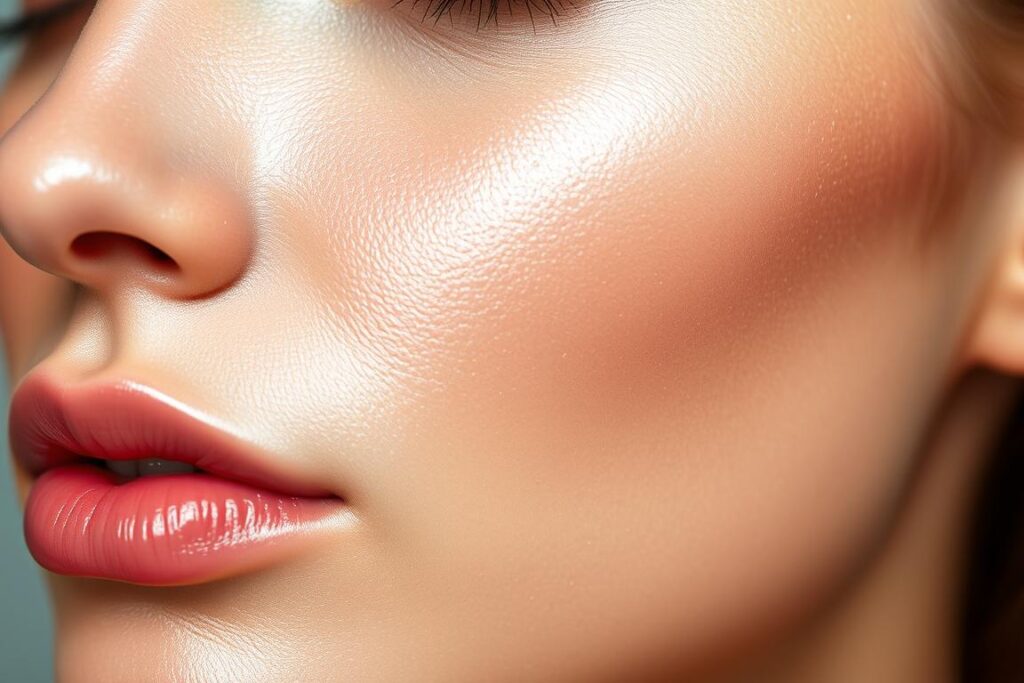 A close-up of a flawless, radiant complexion with a luminous, pearl-like finish. The skin is smooth and even, with a soft, satiny texture that captures the light beautifully. Delicate highlights dance across the contours, creating a captivating, three-dimensional effect. The lighting is soft and diffused, creating a gentle, ethereal glow that emanates from within. The angle is slightly angled, allowing the viewer to appreciate the depth and dimension of the "pearl skin" effect. The overall mood is one of serene, effortless beauty, conveying the transformative power of this sought-after skincare result.