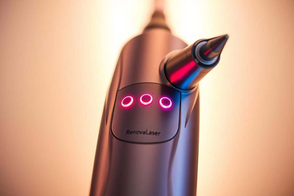 A close-up photograph of the RenovaLaser VEGA Triple Wave conforto device, showcasing its sleek and modern design. The device is illuminated by a soft, diffuse lighting, creating a warm and inviting atmosphere. The cylindrical body of the device is rendered in a metallic silver finish, with subtle contours and accents that accentuate its ergonomic form. The front panel features three distinct wavelength indicators, each glowing with a vibrant, multi-colored LED display, indicating the "Triple Wave" capabilities of the device. The image is captured from a slightly elevated angle, giving the viewer a sense of the device's precision and technological sophistication, while the -16°C cooled treatment tip is prominently featured, hinting at the device's advanced cooling system.
