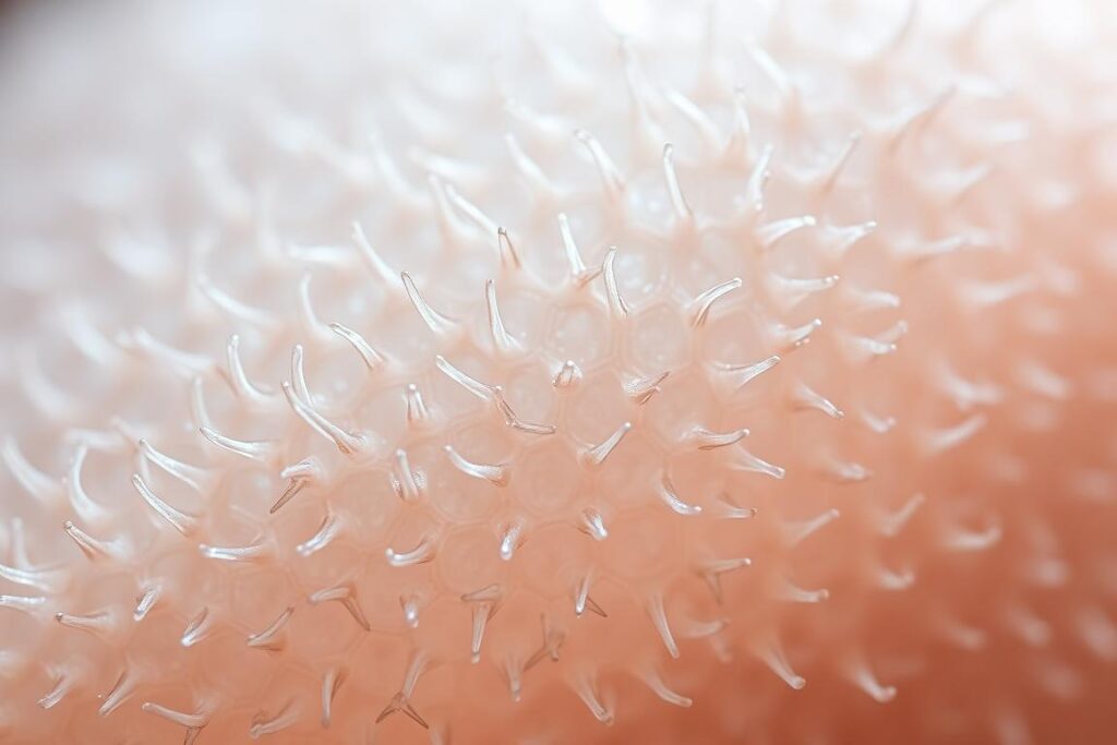 A close-up view of human skin, magnified to reveal the intricate structure of spicules - tiny, needle-like projections that create a microchanneled surface. The skin appears translucent, with a subtle glow from within, illuminated by soft, diffused lighting that accentuates the intricate texture. The depth of field is shallow, keeping the spicules in sharp focus while the background fades into a soft, dreamlike blur. The overall impression is one of a delicate, organic, and almost alien-like beauty, inviting the viewer to marvel at the hidden complexities of the human form.
