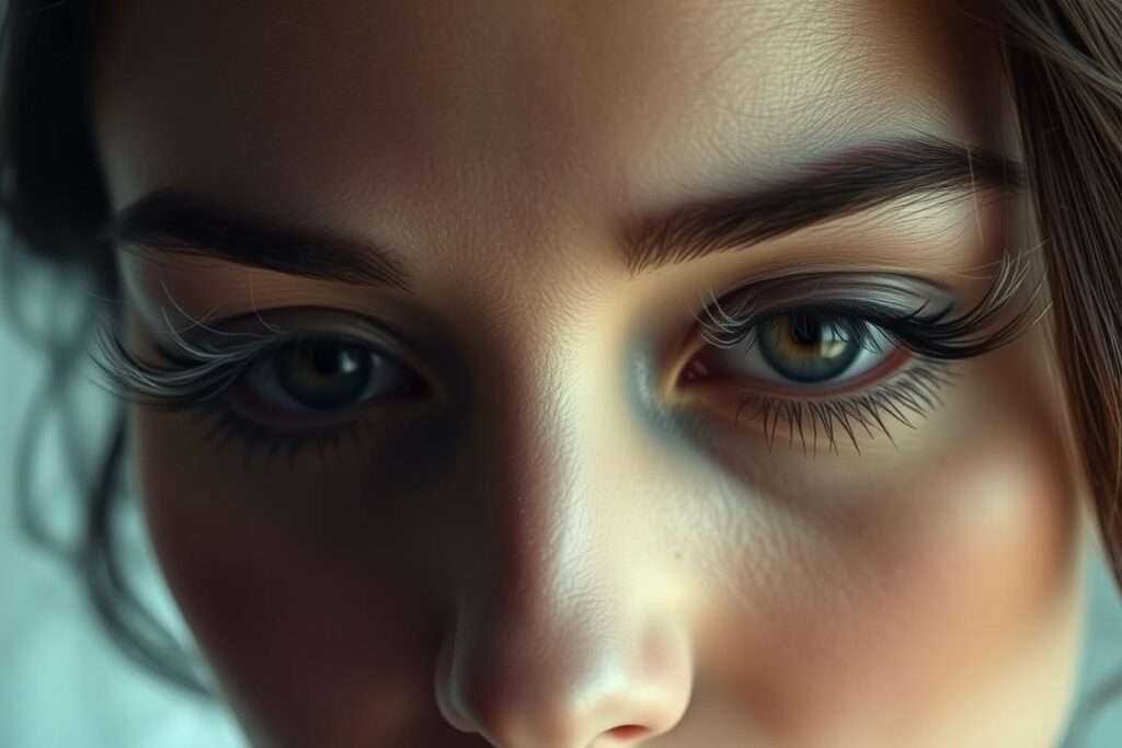 A closeup of a woman's eyes, with wispy, ethereal lashes that seem to float and dance around her eyes. The lashes are delicate, translucent, and slightly glowing, creating an otherworldly, ghostly effect. The lighting is soft and diffused, creating a hazy, dreamlike atmosphere. The background is blurred and indistinct, allowing the focus to remain on the captivating lashes. The model's expression is serene and introspective, drawing the viewer into the mystical, almost supernatural quality of the "ghost lashes".