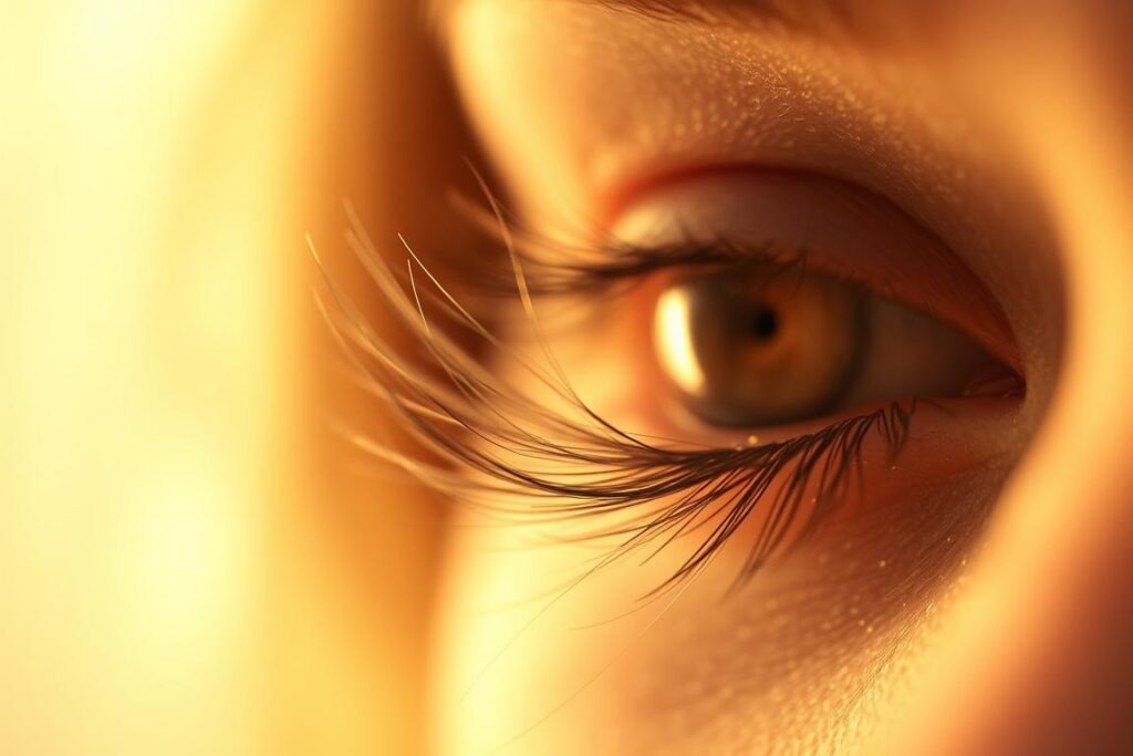 A delicate, wispy set of eyelashes, ethereal and barely there, seem to float against a soft, hazy background. The lashes are featherlight, giving the impression of a "ghost lash" effect - a subtle, natural enhancement that enhances the eyes without drawing too much attention. Warm, diffused lighting casts a gentle glow, creating an intimate, dreamlike atmosphere. The focus is tight, emphasizing the fragile, almost translucent quality of the lashes, conveying the idea of "less is more" in 2025 beauty trends.