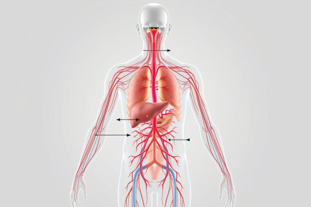 A detailed anatomical diagram of the human lymphatic system, rendered in a high-resolution, scientifically accurate style. The foreground depicts the intricate network of lymph vessels, lymph nodes, and lymphoid organs, including the spleen, thymus, and lymph nodes in the neck, armpits, and groin. The middle ground showcases the flow of lymphatic fluid through the body, with arrows indicating the directional movement. The background features a muted, neutral color palette to emphasize the subject matter. The lighting is clean and evenly distributed, creating a sense of clarity and precision. The overall impression is one of a comprehensive, educational illustration that effectively communicates the essential workings of the lymphatic system.