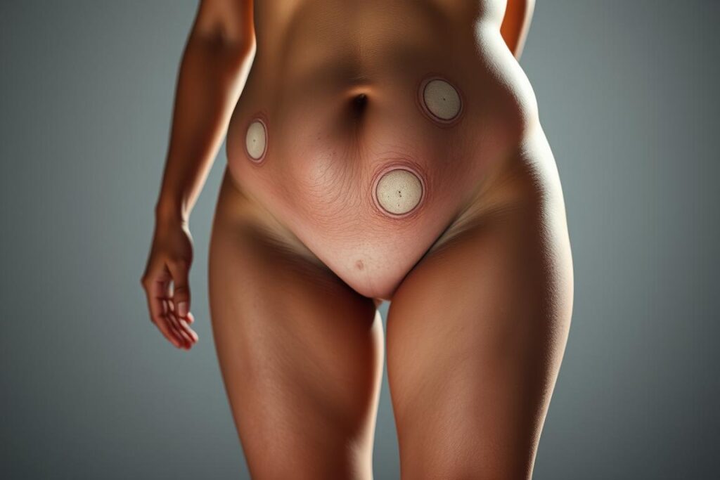 A detailed full-body view showcasing localized fat deposits and body contours. The subject is shown from a slightly elevated angle, highlighting the areas of concern - the abdomen, hips, and thighs. The lighting is soft and diffused, creating subtle shadows that accentuate the curves and problem zones. The background is muted and uncluttered, allowing the subject to be the central focus. The overall mood is clinical yet empathetic, conveying the challenges of targeted fat reduction without judgment. The image should provide a realistic and informative visual reference for the article's discussion of cryolipolysis, endolaser, and liposuction treatments.