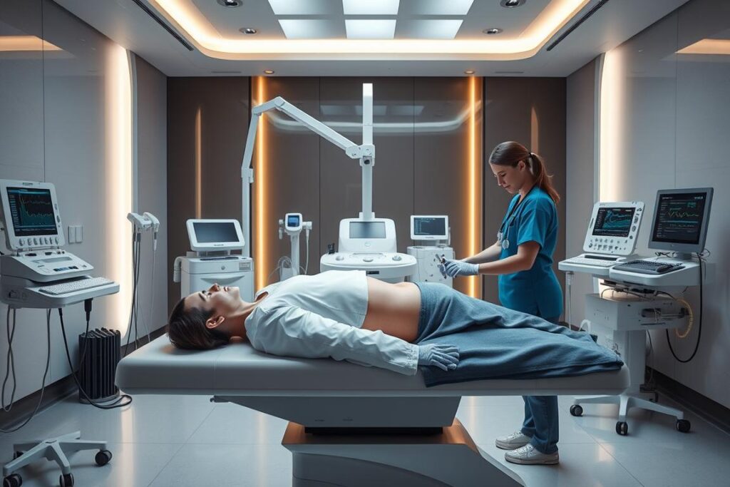 A detailed, step-by-step medical procedure taking place in a clean, modern medical facility. The foreground depicts a patient lying on an examination table, with a doctor and nurse performing a precise cryo-lipolysis treatment on the patient's abdomen. The middle ground shows various medical equipment and tools used in the procedure, such as cryotherapy applicators, control panels, and monitoring devices. The background features sleek, minimalist decor with subtle lighting accents, conveying a sense of professionalism and high-tech medical expertise. The overall scene should emphasize the technical, yet calming and reassuring atmosphere of the cryo-lipolysis treatment.