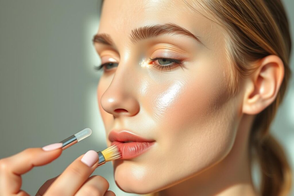 A detailed, step-by-step skincare routine illustrated on a youthful, radiant female face against a soft, diffused background. The protagonist's features are sharply in focus, with dewy, glowing skin and a serene, relaxed expression. Subtle lighting casts gentle shadows, emphasizing contours and creating a sense of depth. The foreground showcases the application of various skincare products - cleansers, serums, moisturizers - with precise, delicate brush strokes. The midground reveals the entire face in profile, highlighting the systematic progression of the routine. The background blends into a tranquil, pastel-toned environment, evoking a calming, spa-like ambiance. Technical details include a shallow depth of field, natural lighting, and a medium close-up framing.