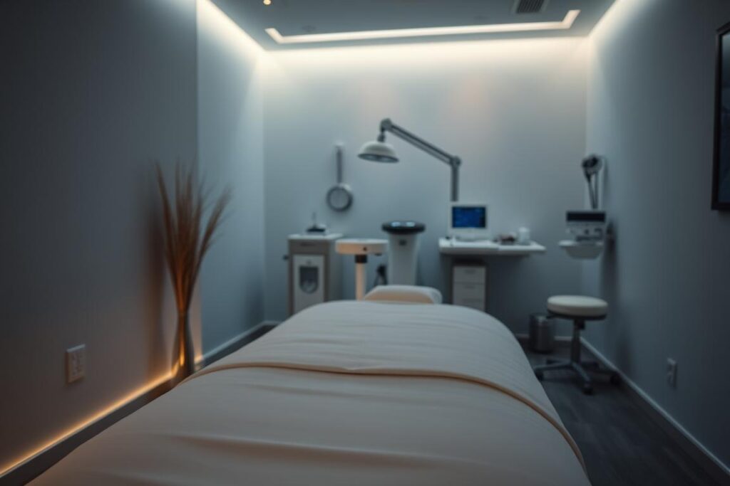 A dimly lit treatment room, the ambiance serene and calming. In the foreground, a comfortable massage table adorned with crisp white linens, ready to receive the patient. Soft, indirect lighting illuminates the scene, casting a warm, soothing glow. In the middle ground, modern medical equipment stands at the ready, suggesting the professionalism and expertise of the clinic. The background features clean, minimalist decor, with muted tones and natural elements creating a tranquil, spa-like atmosphere. The overall impression is one of trust, care, and attention to detail, setting the stage for a rejuvenating and safe aesthetic treatment experience.
