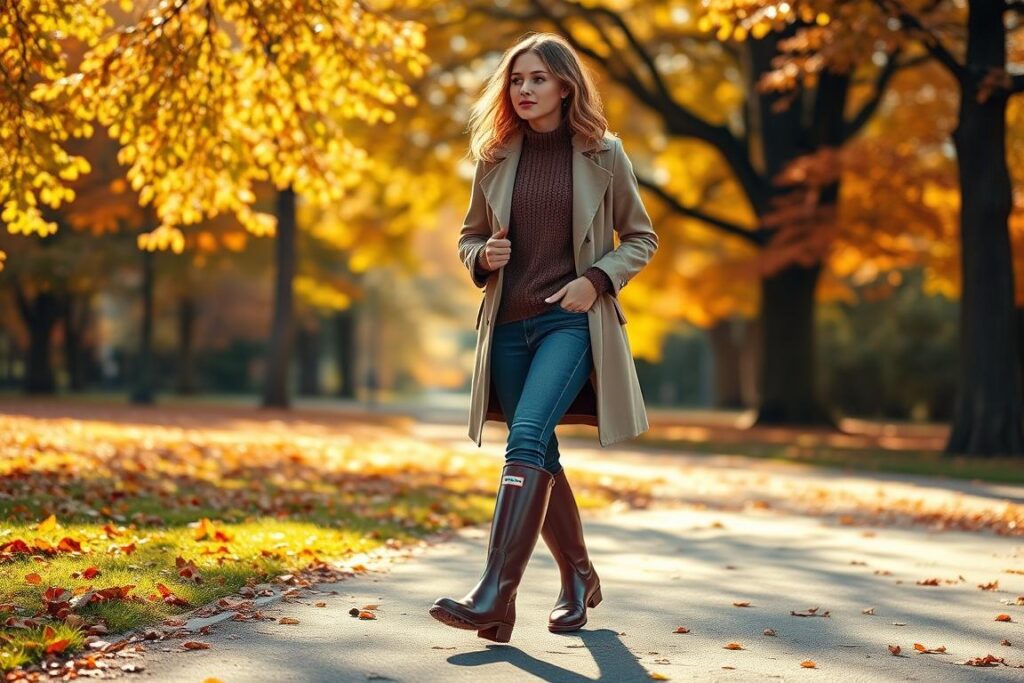 A fashionable young woman strolling through an autumnal park, wearing a pair of sleek, glossy Hunter rain boots in a deep, rich color. The boots have a classic silhouette, complementing her casual yet chic outfit of a cozy sweater, slim-fit jeans, and a tailored trench coat. Sunlight filters through the gently swaying branches, casting a warm, golden glow over the scene. The background is filled with vibrant fall foliage in shades of orange, red, and yellow, creating a picturesque, naturalistic setting. The overall mood is one of effortless style and practical comfort, reflecting the versatility and appeal of the 2025 Hunter boot collection.