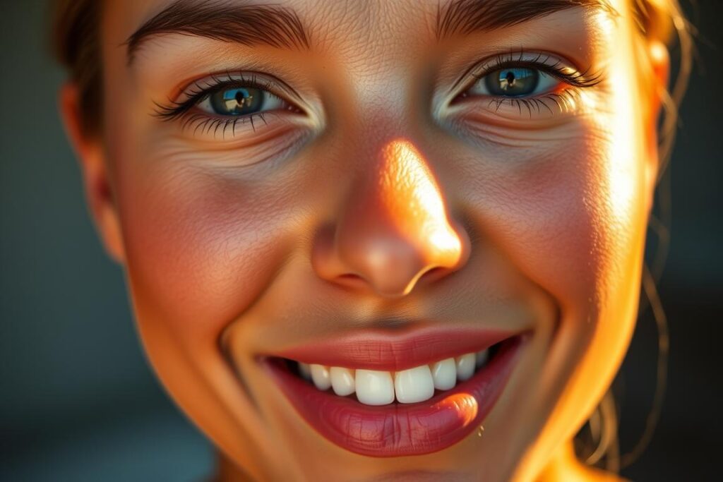 A glowing, illuminated skin close-up of a vibrant, healthy female face. Soft, diffused lighting from above casts a warm, radiant glow across the cheeks, forehead, and nose. The skin appears dewy, supple, and luminous, with a subtle sun-kissed sheen. The complexion is even and blemish-free, with a natural, bronzed undertone. The eyes are softly defined, the lips slightly parted. The background is blurred and indistinct, placing the focus entirely on the captivating, glowing skin.