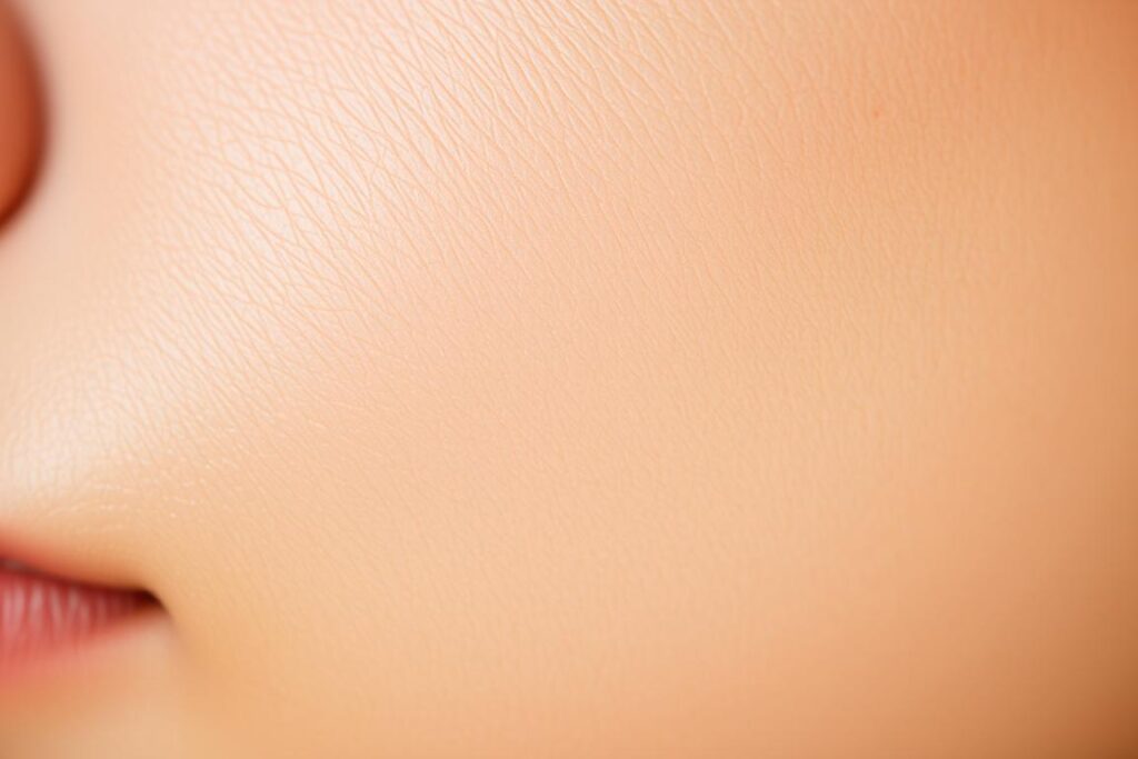 A high-resolution close-up photograph of soft, glowing human skin, captured with a macro lens in natural daylight. The skin tone is smooth and even, with a slight sheen that reflects the light beautifully. Pores are visible but not overly emphasized, creating a sense of intimacy and realism. The skin appears healthy, supple, and subtly radiant, conveying a sense of youthfulness and vitality. The background is gently blurred, keeping the focus solely on the textural details and natural beauty of the skin.