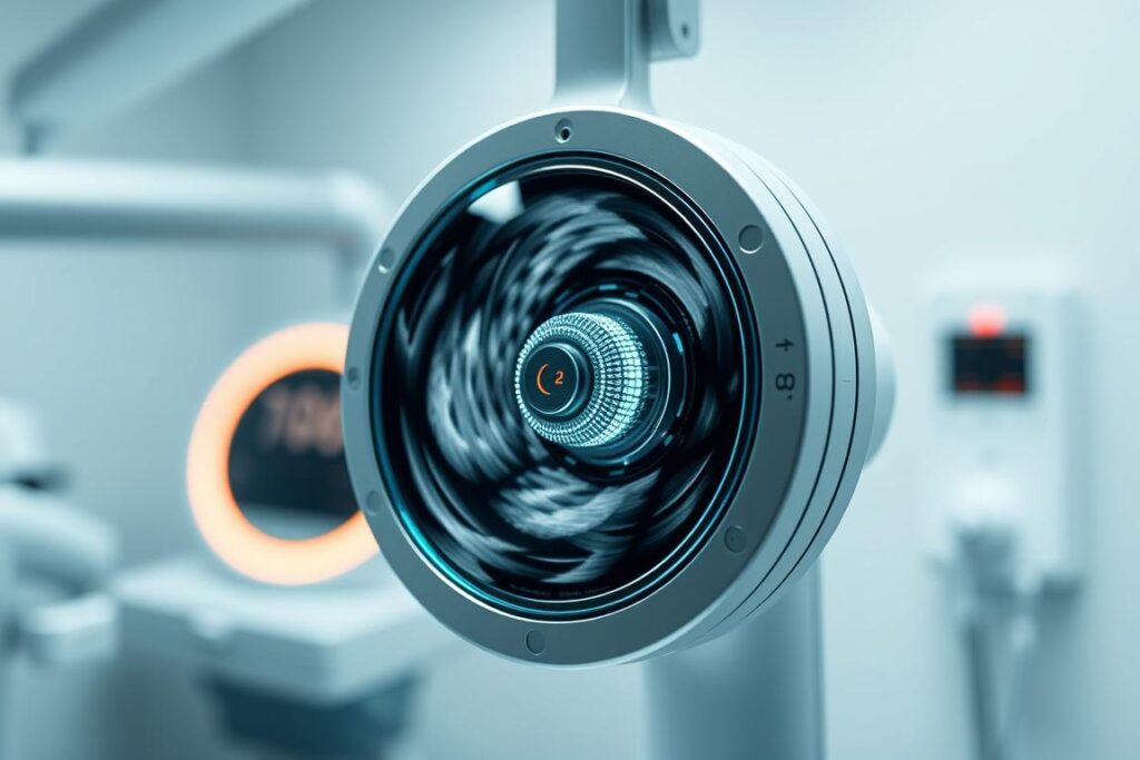 A high-resolution, detailed, and technically accurate image of "ultrassom microfocado" for use in an article on non-invasive body contouring in 2025. The image should depict a close-up view of an ultrasound transducer head, showcasing its intricate micro-focused design. The transducer should be surrounded by a clean, sterile medical environment, with a soft, indirect lighting setup that emphasizes the precision and advanced nature of the technology. The overall mood should convey a sense of innovation, efficiency, and the state-of-the-art in non-invasive body sculpting procedures.