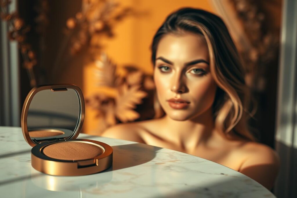 A luxurious, bronzed makeup look against a warm, earthy backdrop. In the foreground, a high-quality bronzer compact with a soft, luminous finish sits atop a marble surface, casting gentle shadows. The middle ground features a beautifully blended application of the bronzer, sculpting and defining the model's facial features with a natural, sun-kissed glow. The background is a cozy, autumnal scene, with hints of deep ochre, umber, and sienna tones, evoking the rich, toasty vibes of the fall season. Soft, diffused lighting creates a serene, inviting atmosphere, highlighting the bronzer's seamless integration with the model's complexion. The overall composition exudes a sense of sophistication, warmth, and the effortless elegance of the autumn makeup trend.