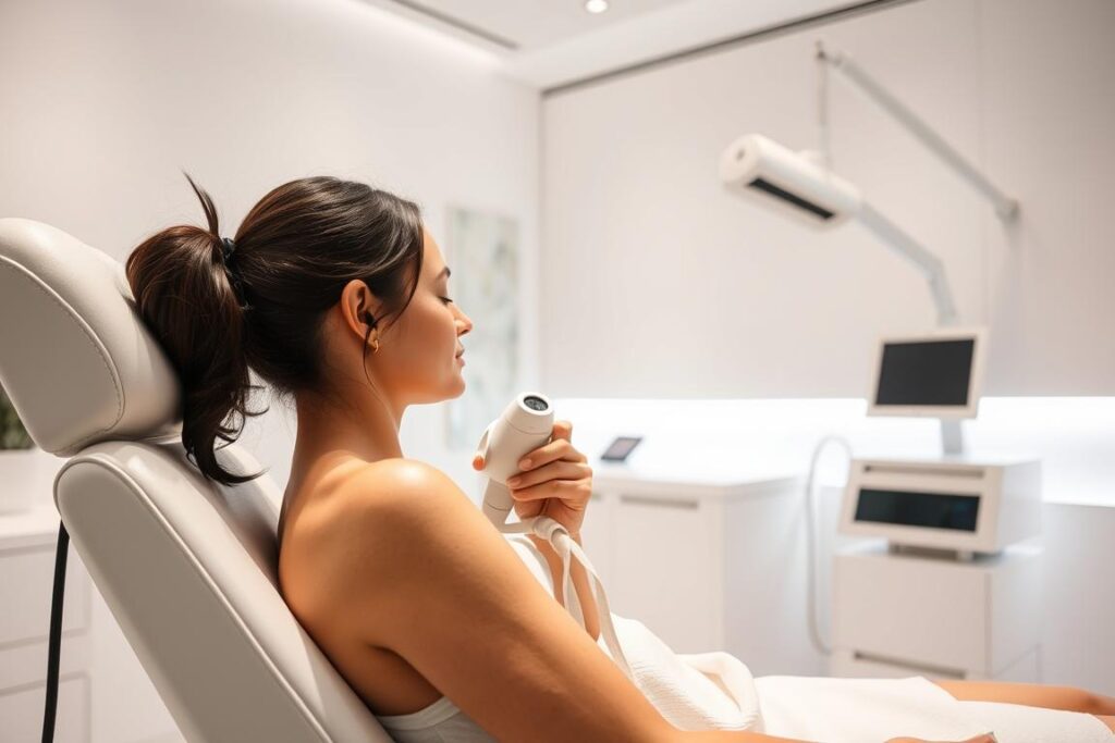 A modern, upscale laser hair removal clinic in Tatuapé, with a bright, airy interior and sleek, minimalist decor. A patient sits comfortably in an examination chair, with a technician gently applying the laser device to their skin. The procedure is captured from a side angle, highlighting the precision of the treatment and the serene, professional atmosphere. Soft, diffused lighting creates a calming ambiance, while the background features clean white walls and modern medical equipment, conveying a sense of trust and expertise. The overall scene exudes a sense of comfort, safety, and confidence in the clinic's services.