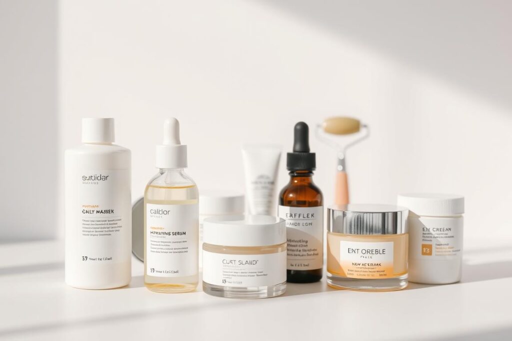 A neatly arranged still life of affordable yet effective skincare products on a simple, minimalist background. In the foreground, a selection of essentials like a gentle cleanser, hydrating serum, and moisturizing cream, all packaged in sleek, uncluttered containers. In the middle ground, additional items like a clay mask, eye cream, and facial tool like a gua sha or jade roller. The background features a neutral, soft-focus setting, perhaps a plain white or light wooden surface, allowing the products to take center stage. The lighting is natural and diffused, creating a calm, relaxing atmosphere. The overall composition conveys a sense of accessibility, practicality, and an effortless daily skincare routine suitable for various skin types.